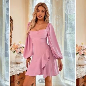 Pink Square Neck Draped Lantern Sleeve Ruffle Wrap Hem Satin Dress